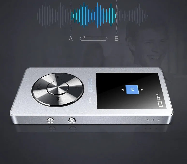 Gold portable MP3 music player with 1.8-inch screen, metal body, and physical control buttons.