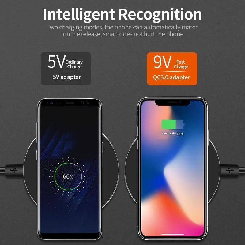 Ultra-thin black wireless charging pad with compact square design showing 9V fast charging capability