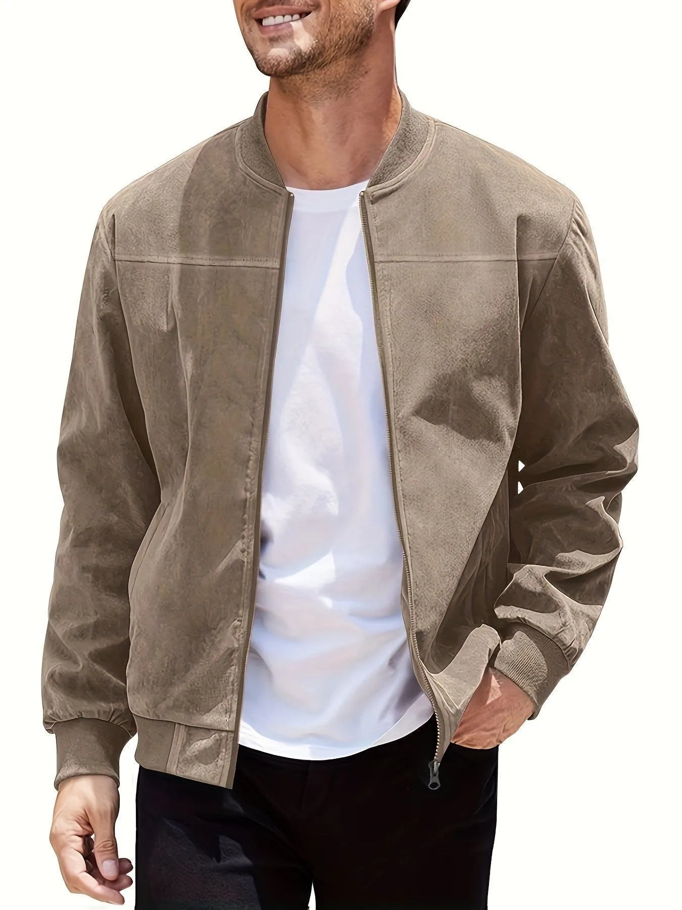 Men's plus size suede casual zipper jacket in Army Green colour