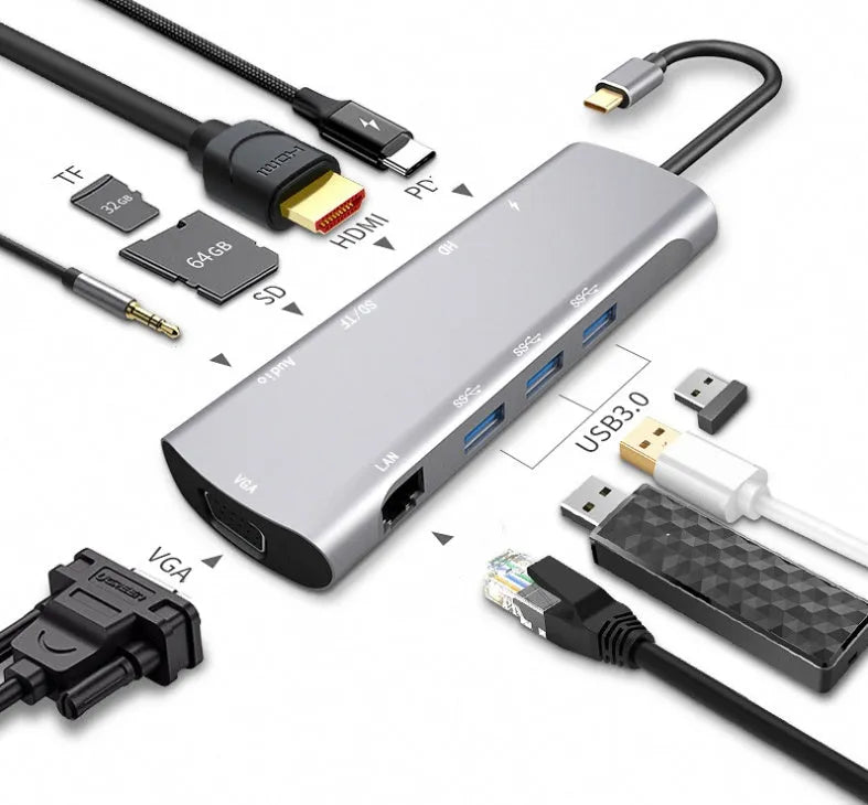 Grey aluminium USB-C docking station showing HDMI, VGA, USB 3.0, and power delivery ports