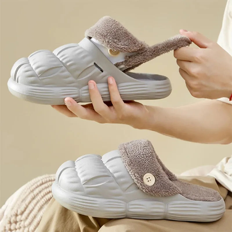 Removable fluffy slippers with EVA upper, non-slip plastic sole, and Velcro fastening in beige