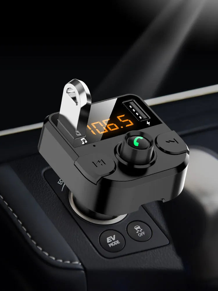 Black BT36B car Bluetooth MP3 player with 1.1-inch display and cigarette lighter plug.