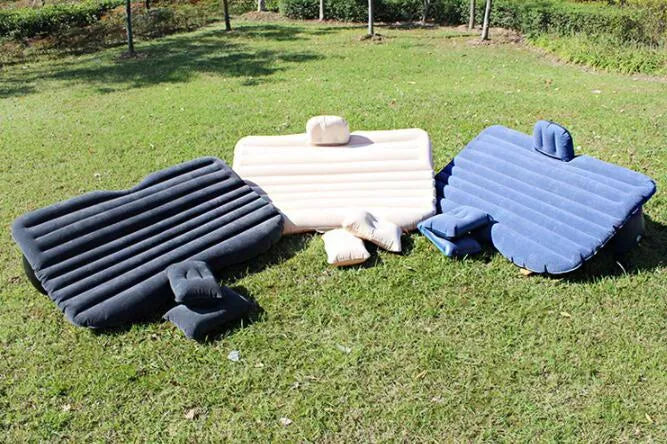 Thick flocking inflatable car air bed set with pump and pillows for five-seater vehicles.