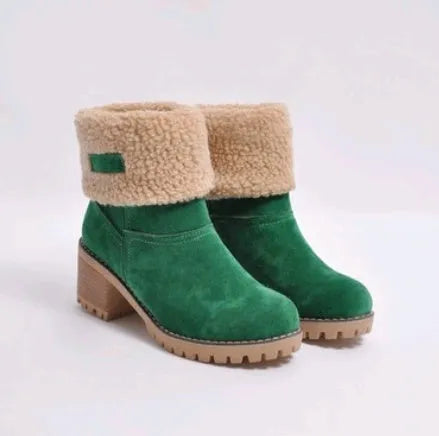 Women's suede mid-calf snow boots with a thick low heel and round toe in various colours.