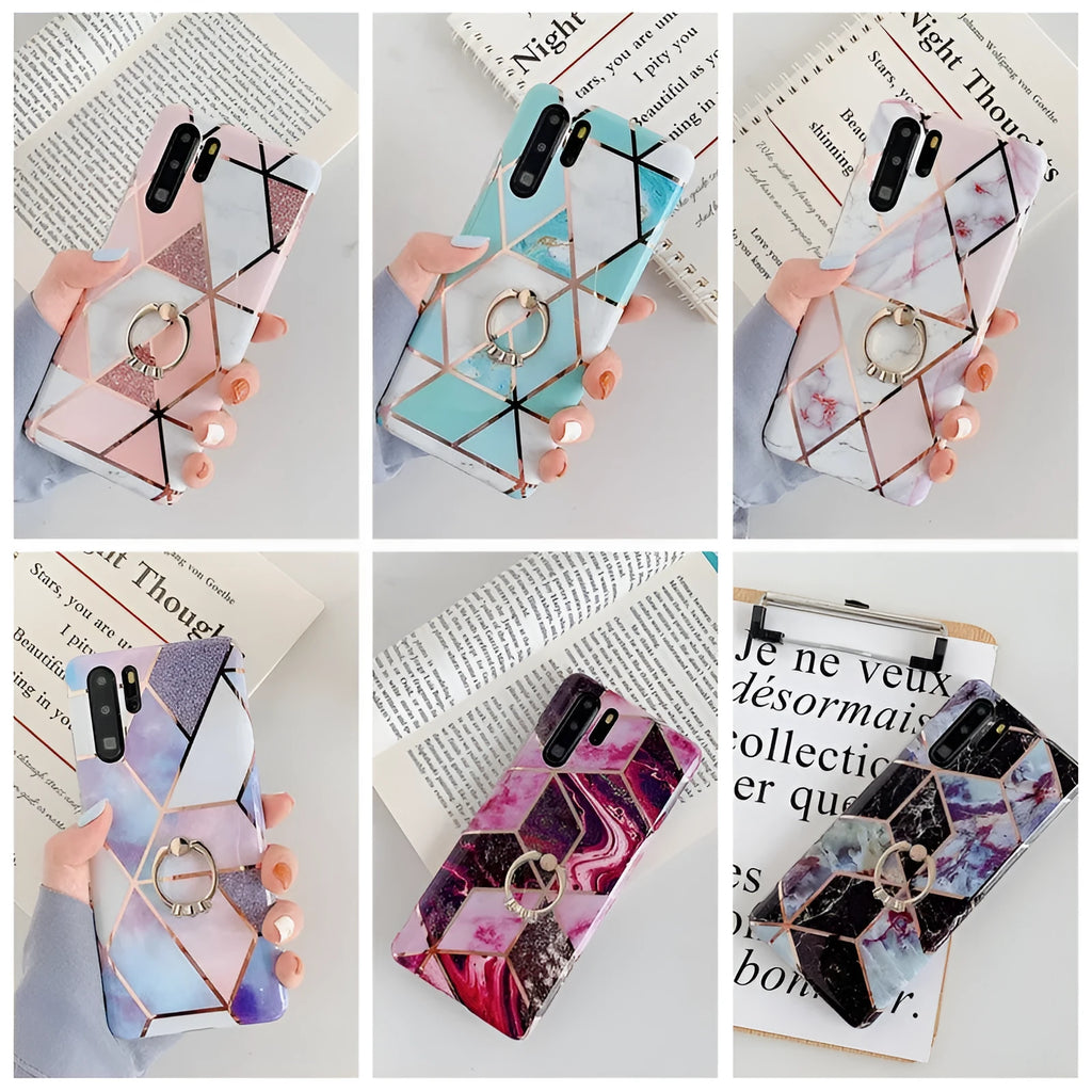 Electroplating mosaic marble ring phone case for Huawei – grid pattern, flexible TPU back cover with ring, six colour options