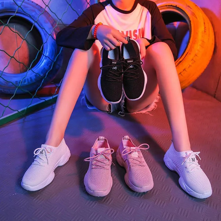 Women's white thick-soled woven sports shoes with front strap and rubber sole