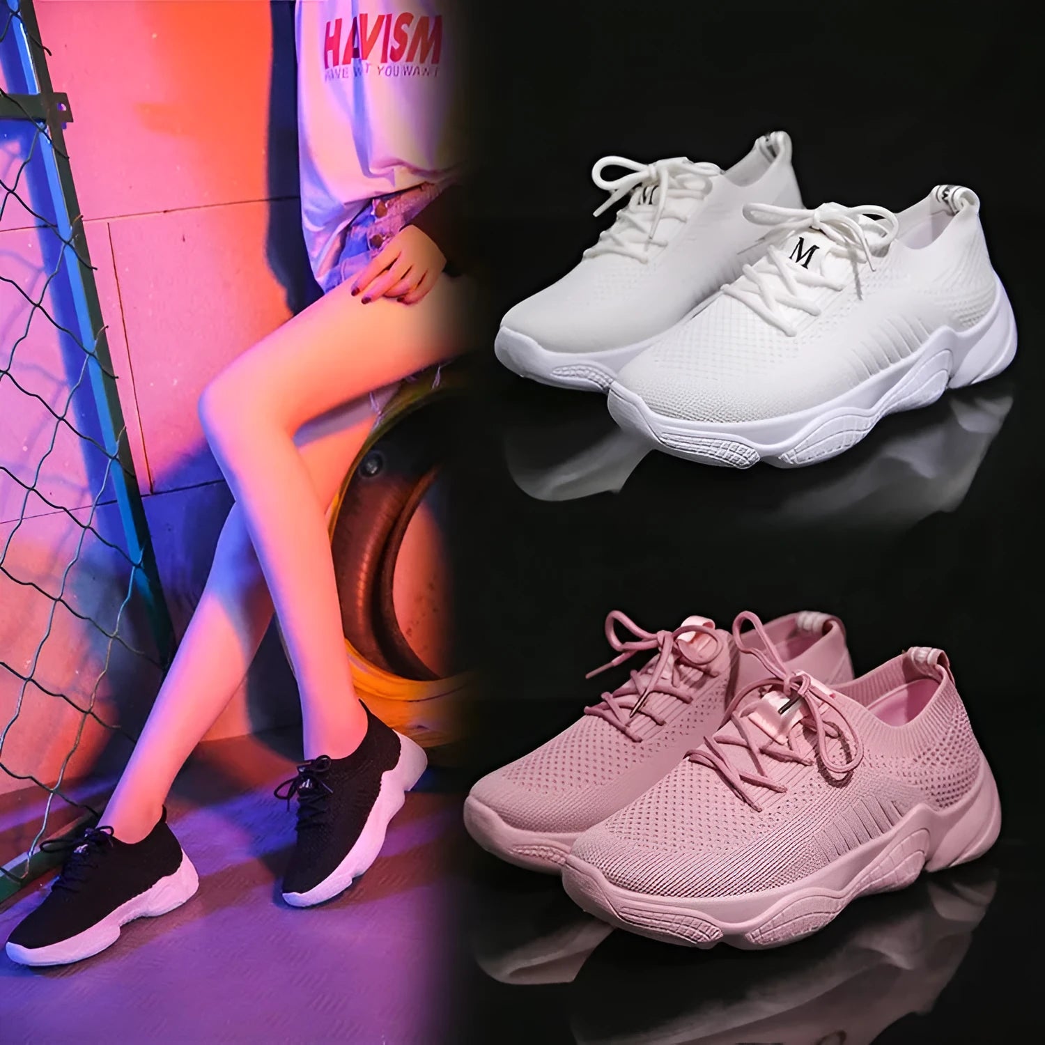 Women's white thick-soled woven sports shoes with front strap and rubber sole
