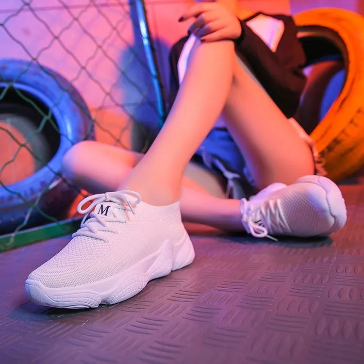 Women's white thick-soled woven sports shoes with front strap and rubber sole