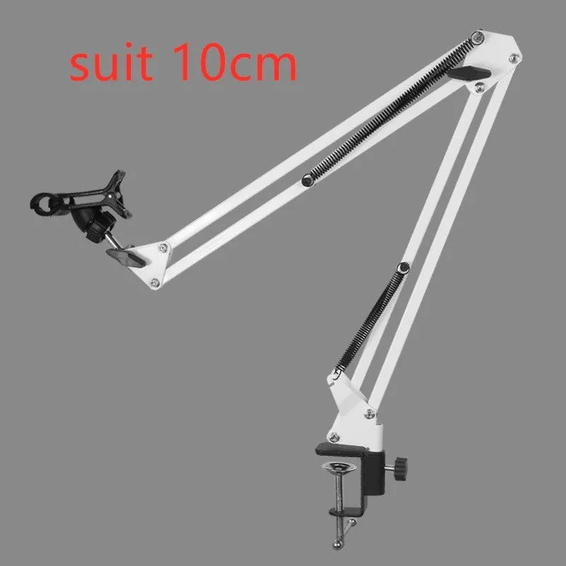 Black and white adjustable phone and tablet stand on a desk at 10cm height