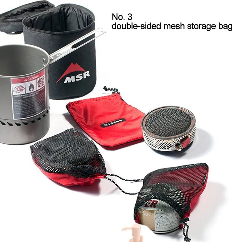 Set of five red travel storage bags made from Oxford cloth and mesh with zipper closures