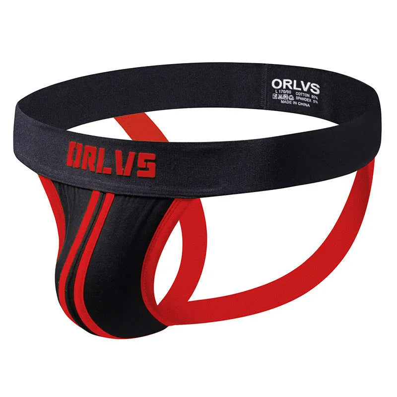 Men's cotton low waist thong in solid colour with double belt back design, front view