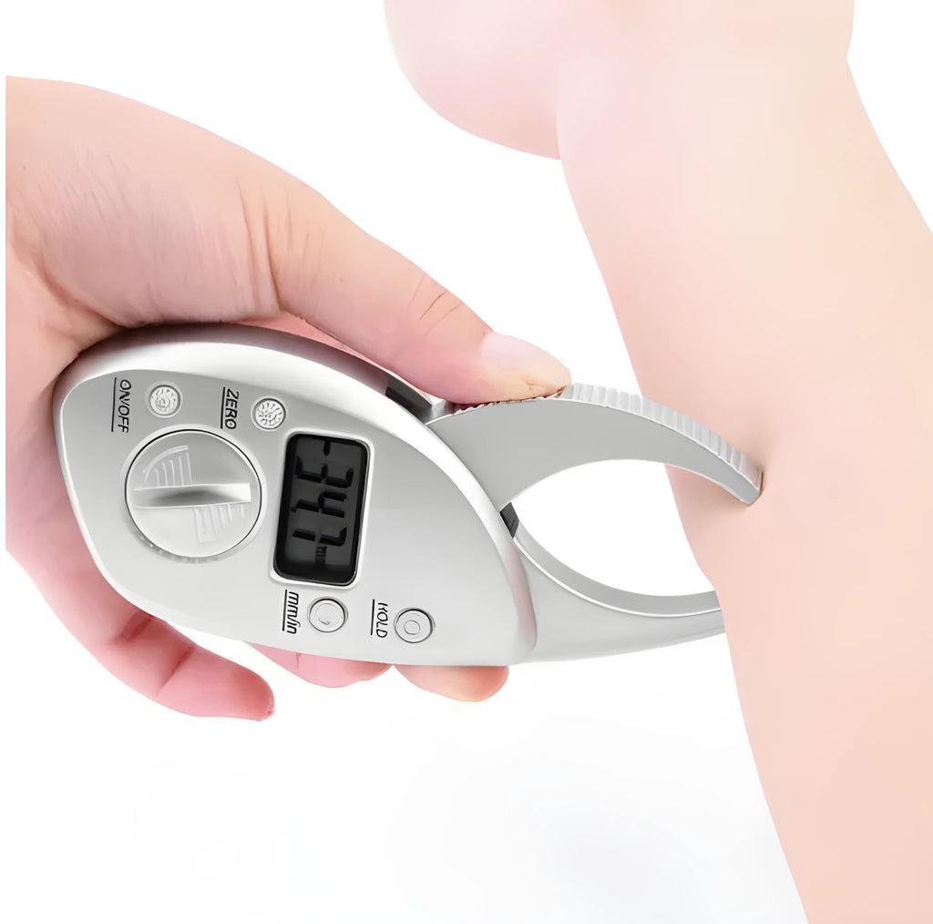 Digital body fat caliper with LCD display and anti-slip handle on white background