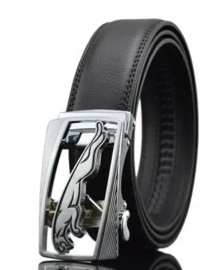 Men's black leather belt with automatic buckle, 3.5cm width, first layer cowhide construction