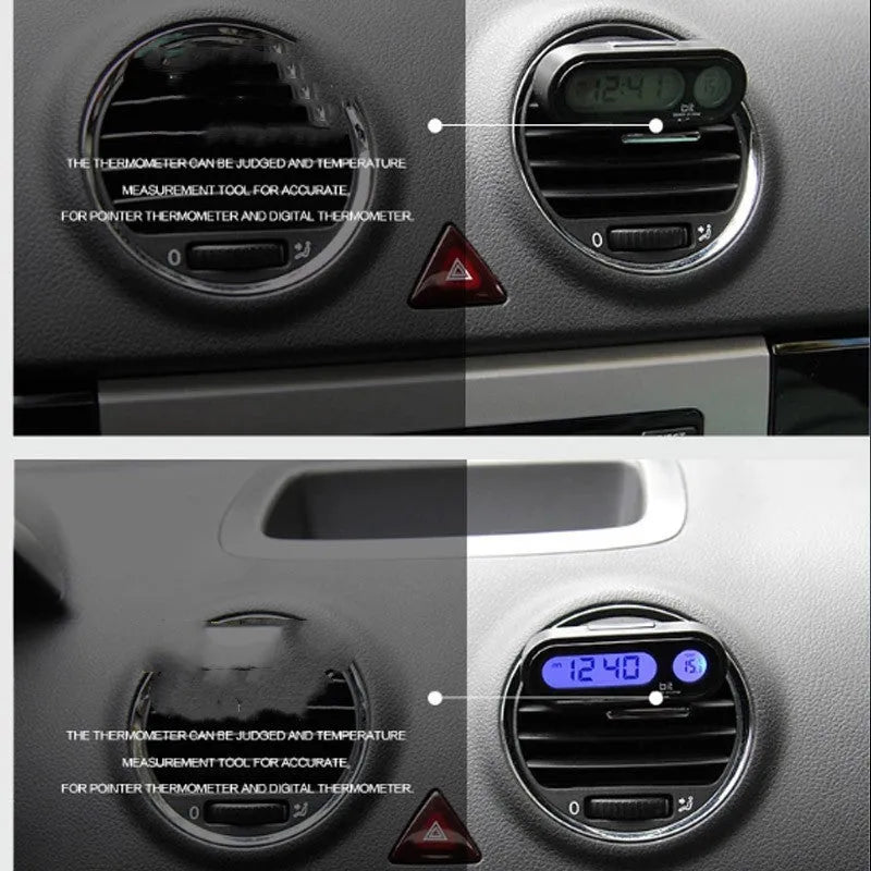 Black electronic car dashboard clock with LED display showing time and temperature