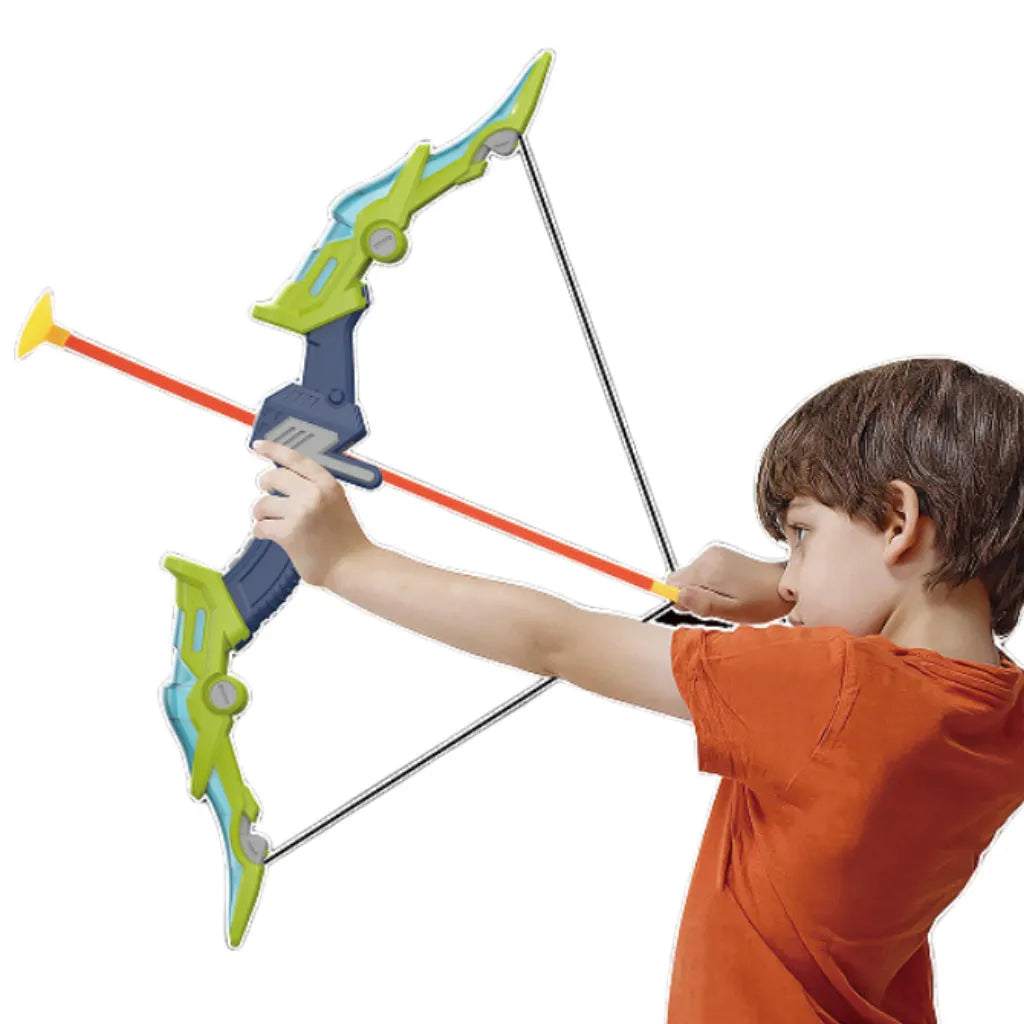 Children's bow and arrow set with green detachable bow, target tube, and light-up arrows on grass. Blue and pink colour options available.