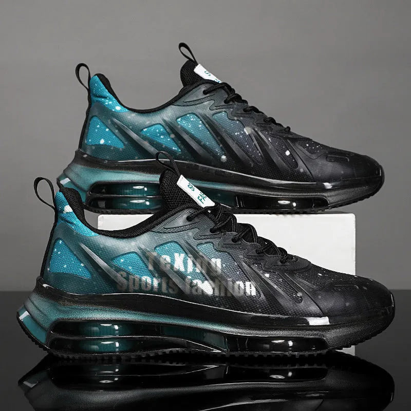 Men's heightened mesh running shoes with platform sole in black green colour