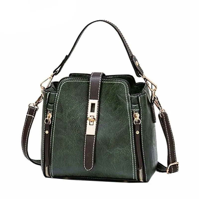 Faux leather women shoulder bag in green with detachable adjustable strap and turn-lock closure