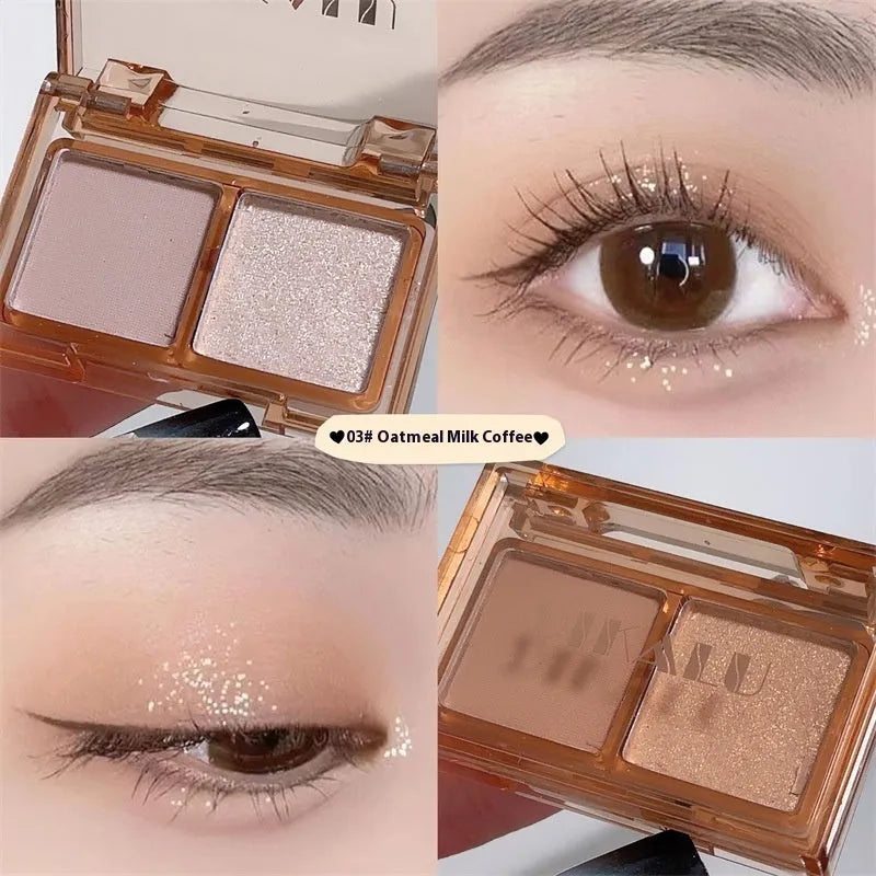 Dikalu two-tone eye shadow plate showing pink and black matte and shimmer shades in compact
