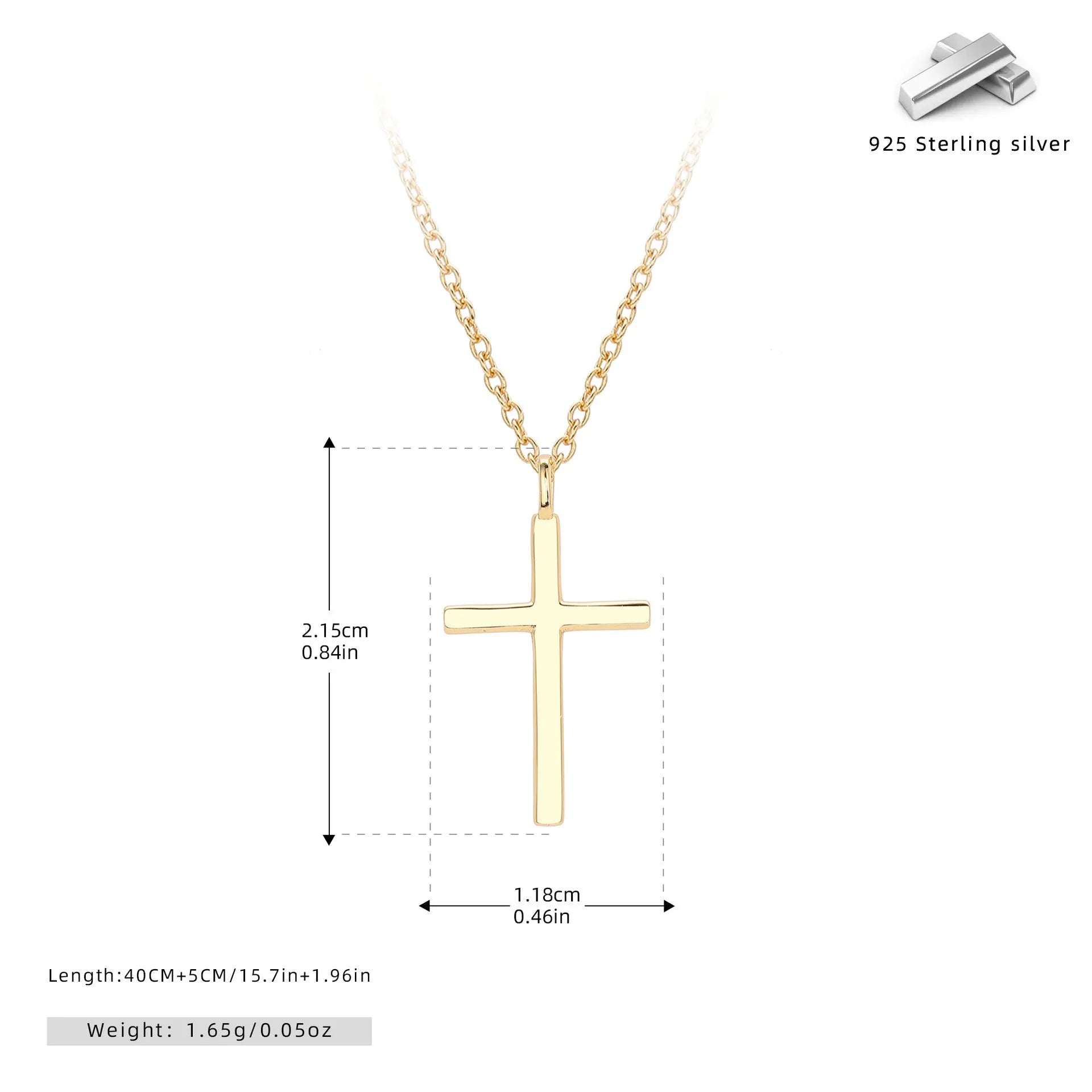 Sterling silver cross necklace with O-shaped chain in gold plating on display