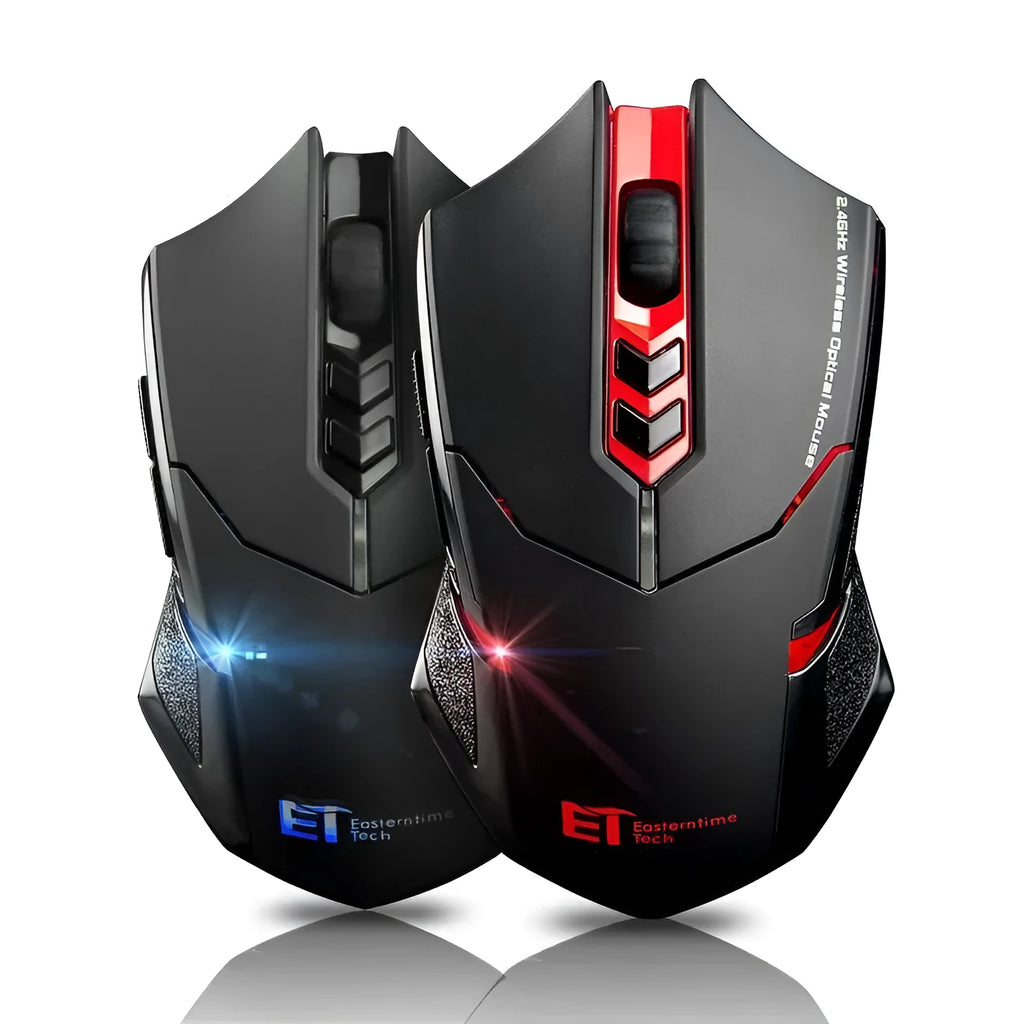 Wireless mouse with silent buttons, LED backlight, and adjustable DPI, available in blue or red