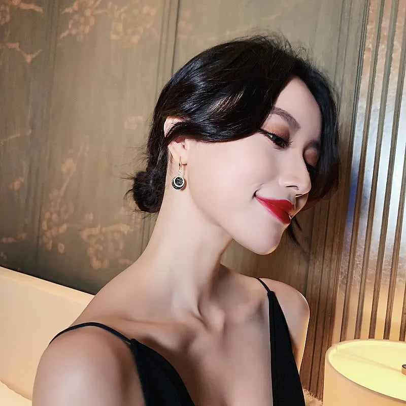 Black geometric alloy earrings with retro Hong Kong style design measuring 3.6cm length