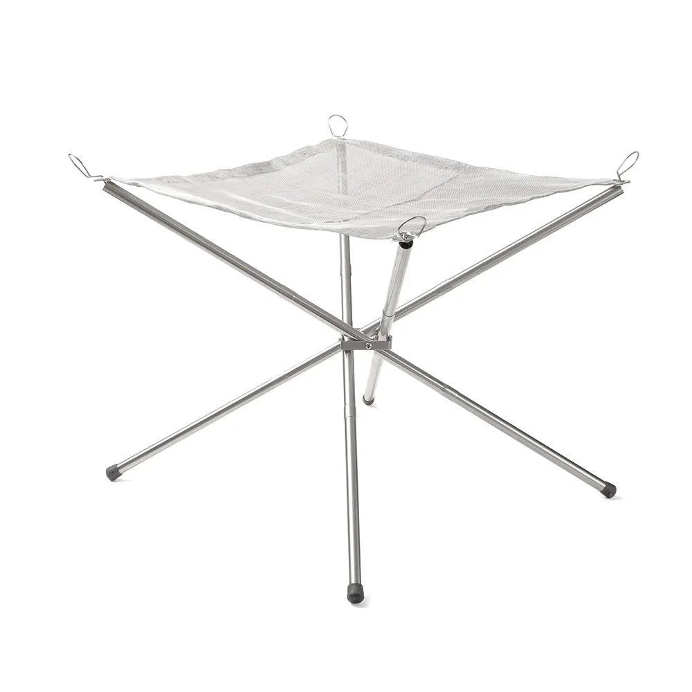 Silver stainless steel barbecue grill set with a fitted grill net, shown in medium and large size options.