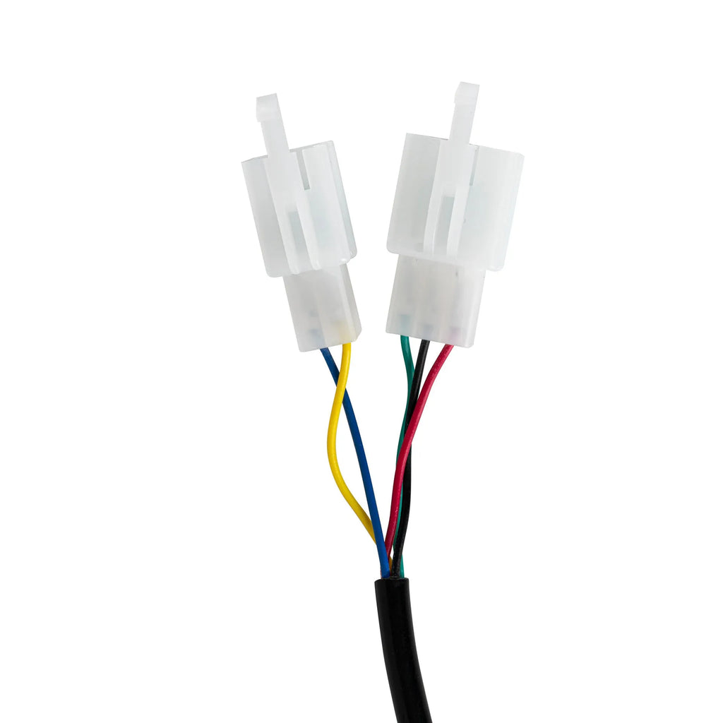 Electric vehicle handlebar control switch section with 5-core wires, shown in blue, red, silver, and yellow colour options.