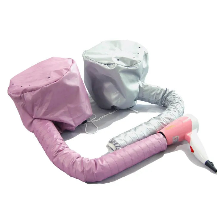 Pink and silver hair dryer bonnet hood with drawstring and elastic tube end for universal fit
