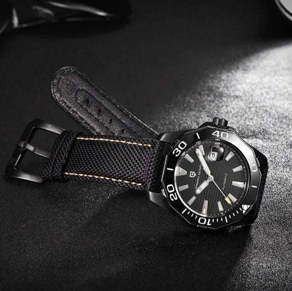 Men's mechanical watch PD-1617 with stainless steel case and strap, silver dial, black details, 14.3mm dial