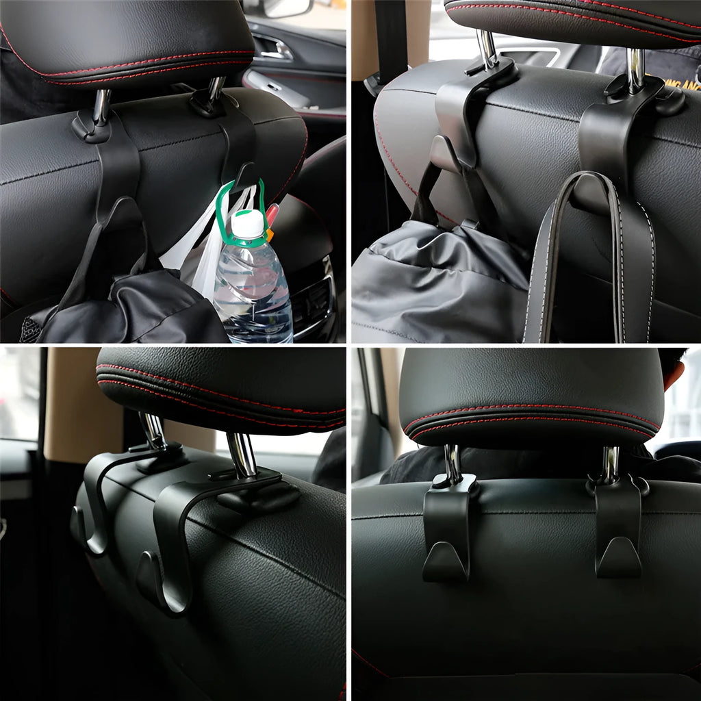 Set of 4 black PP universal car seat back hooks, each 11cm x 3.5cm, with 20kg weight capacity, for hanging bags from car front seat backs