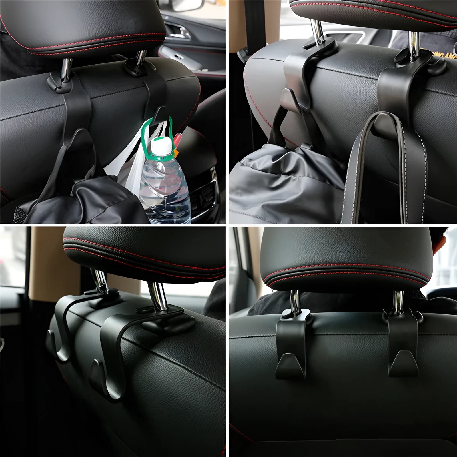 Set of 4 black PP universal car seat back hooks, each 11cm x 3.5cm, with 20kg weight capacity, for hanging bags from car front seat backs