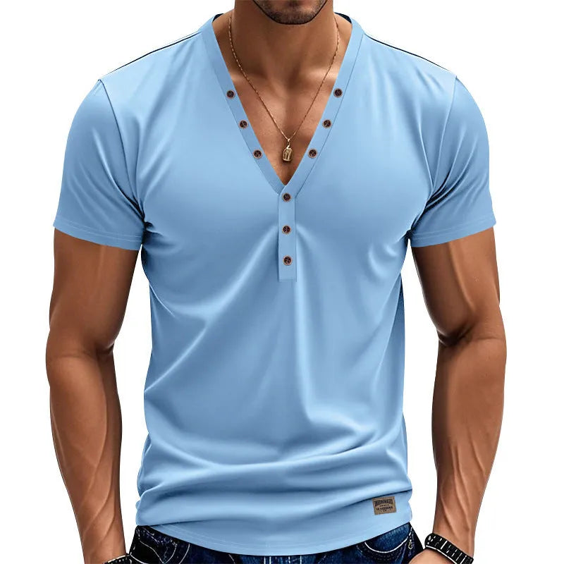 Men's loose fit solid colour V-neck pullover top with button detail on the chest.