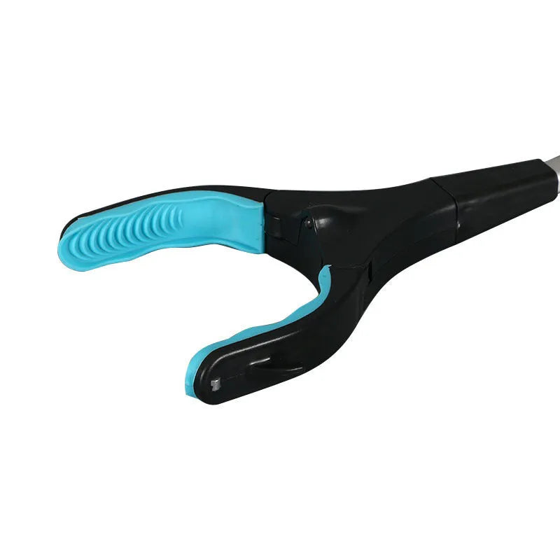 Blue foldable portable aluminium microphone stand with a stainless steel base, shown collapsed and extended.