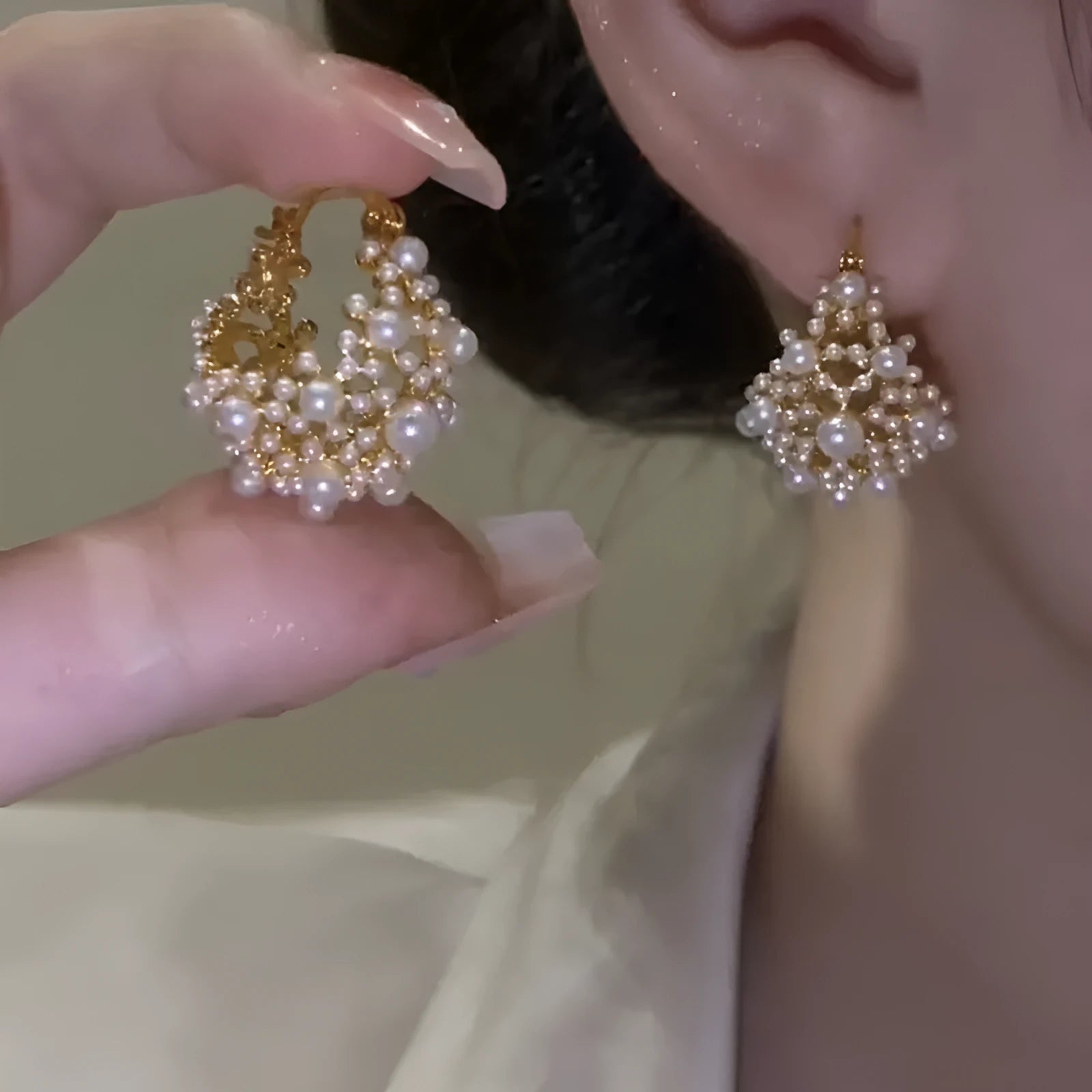 Women's gold-coloured copper flower basket earrings with small bead detailing and pearl inlay treatment