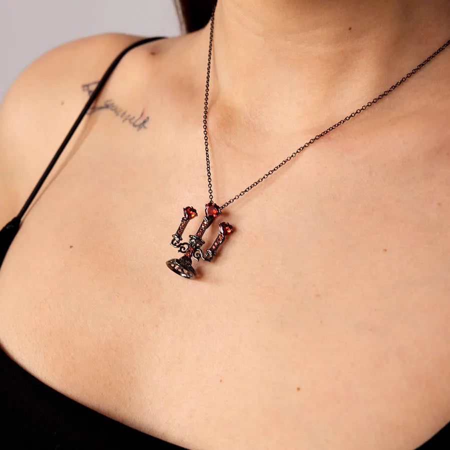 Zinc alloy gothic necklace with hollow candlestick pendant and cross chain in retro colour.