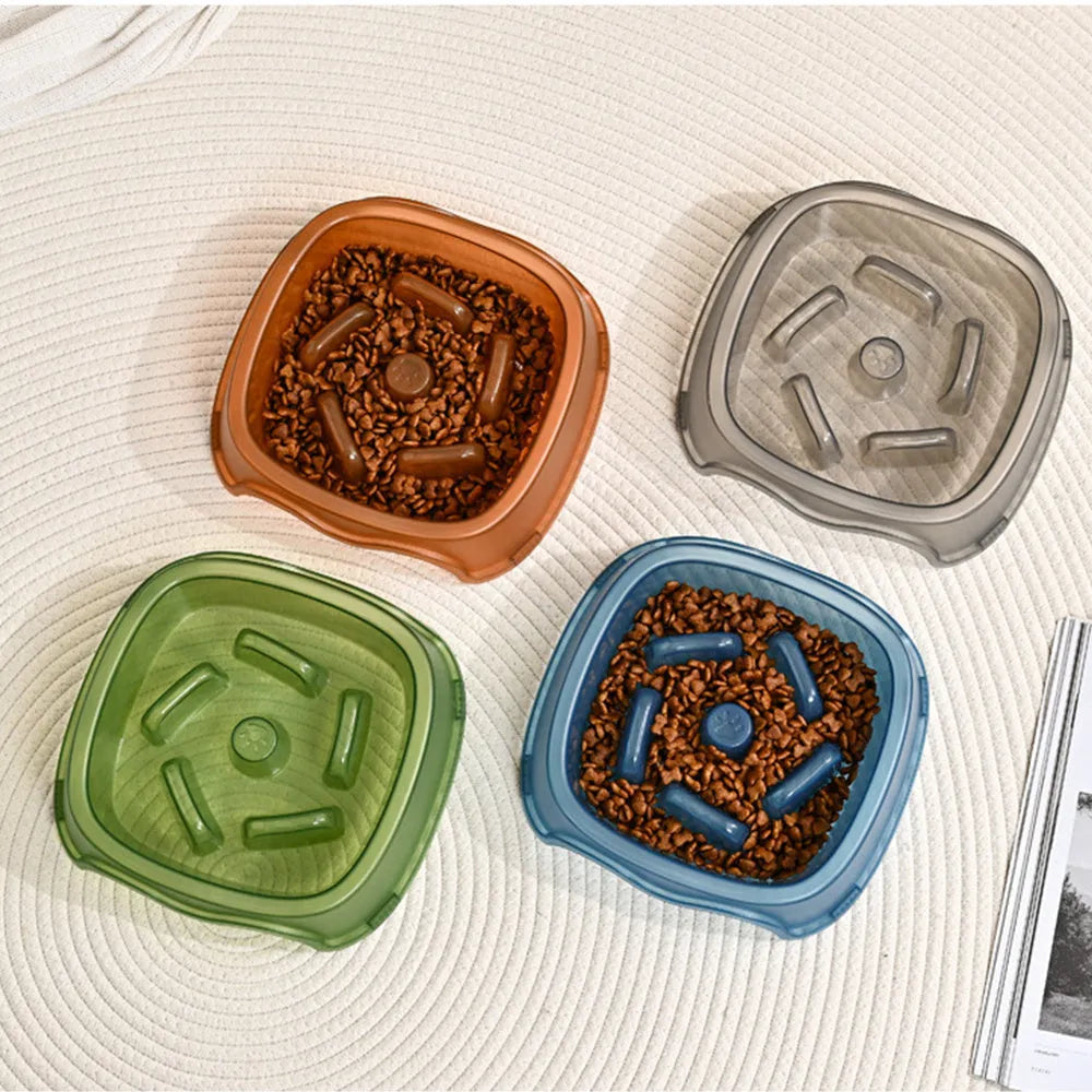 Blue plastic dog slow feeder bowl with anti-choking ridge design for puppies and dogs.