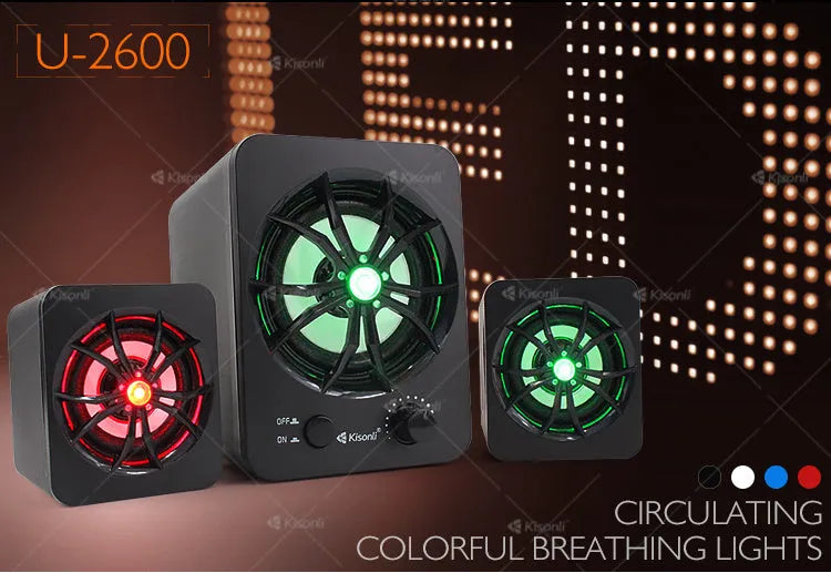 U-2600 2.1 USB computer speaker with glowing colourful lights showing green colour option