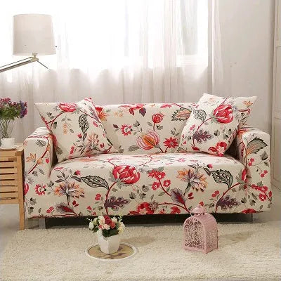 Geometric print polyester sofa slipcover stretched over sofa with matching pillowcase