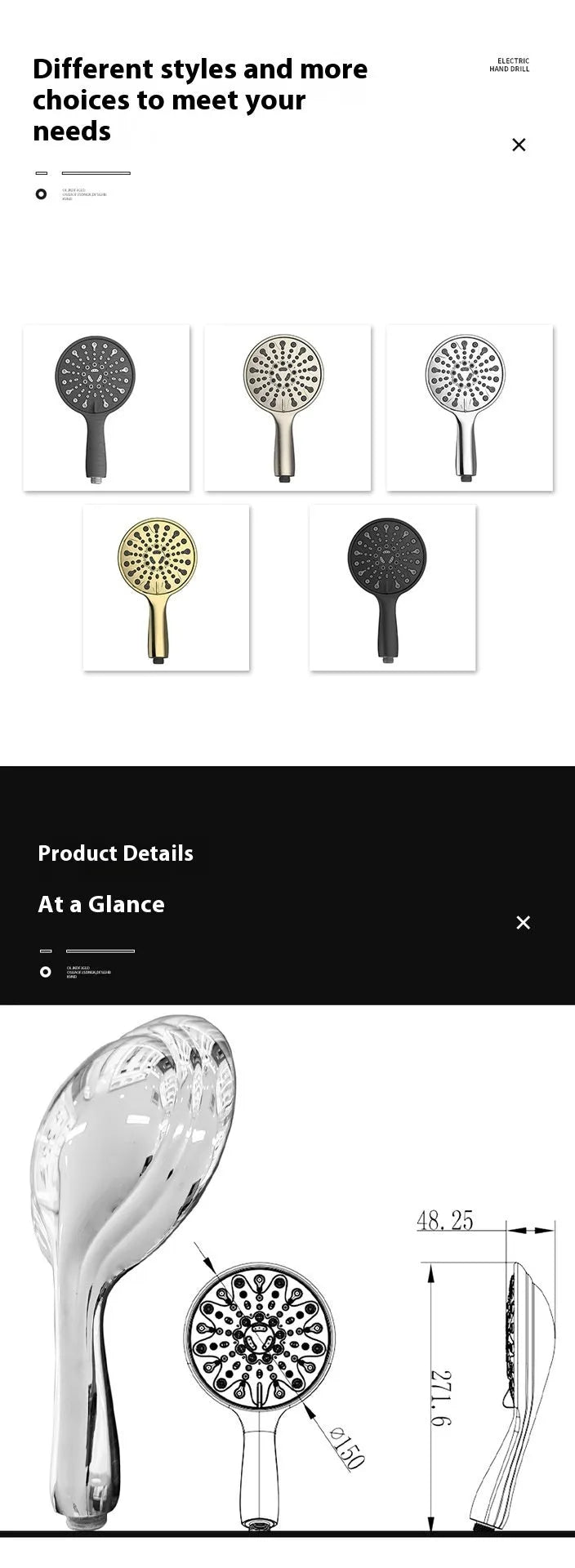 6-inch diameter handheld shower head with electroplated finish showing multiple spray nozzles