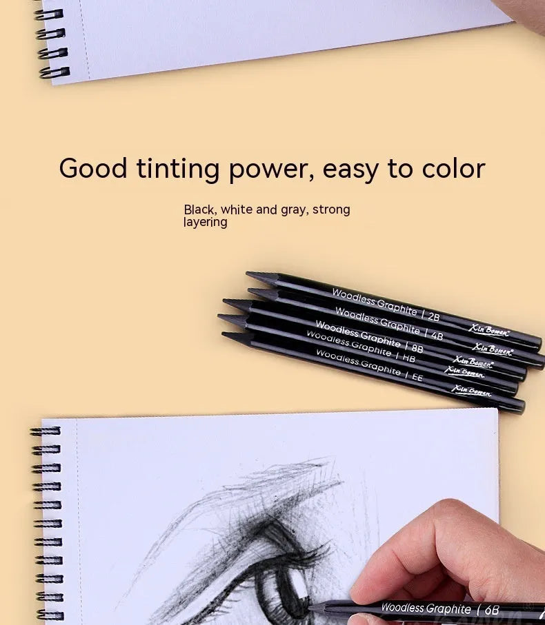 Graphite sketching pencil set with six art grades from HB to EE in wood-free construction