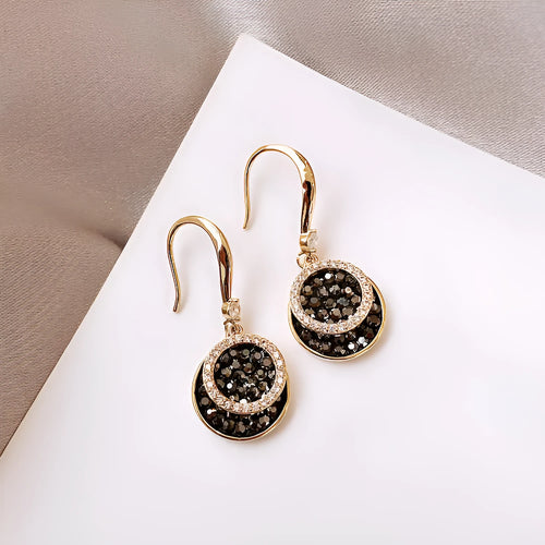 Black geometric alloy earrings with retro Hong Kong style design measuring 3.6cm length