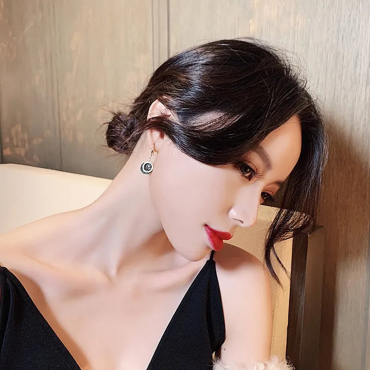 Black geometric alloy earrings with retro Hong Kong style design measuring 3.6cm length