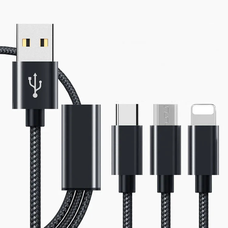 Black three-in-one Micro USB charging cable with three connectors, measuring 1.2 metres long.