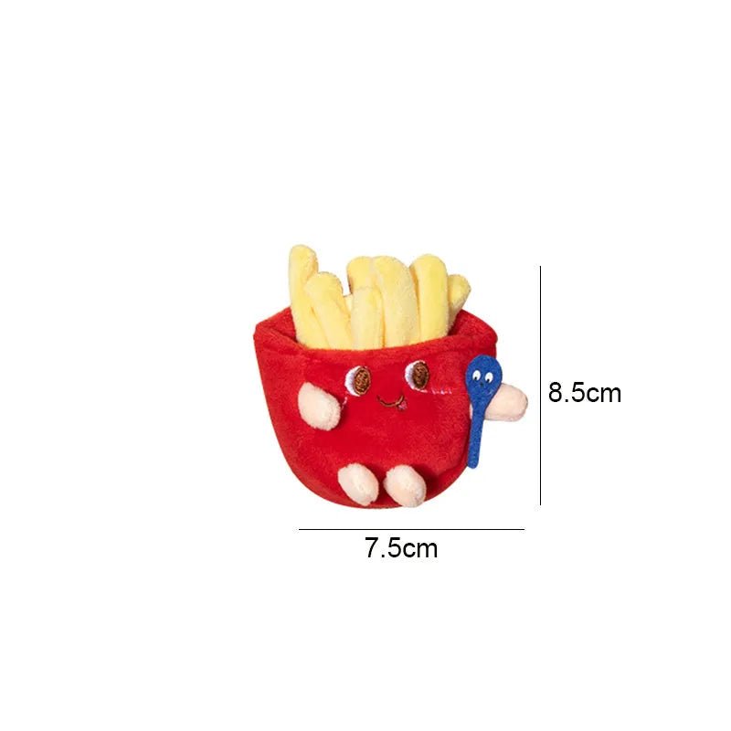 Set of five plush cat chew toys shaped like a hamburger, chicken leg, fries, bread, and hot dog.