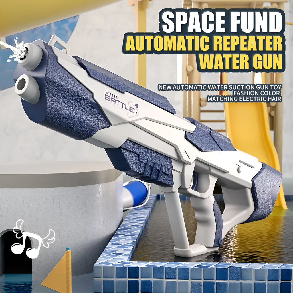 Blue electric water gun with USB charging port and trigger, showing 55cm length scale