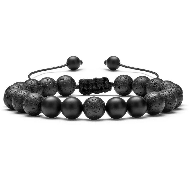 Matte black agate couple bracelets with geometric bead design