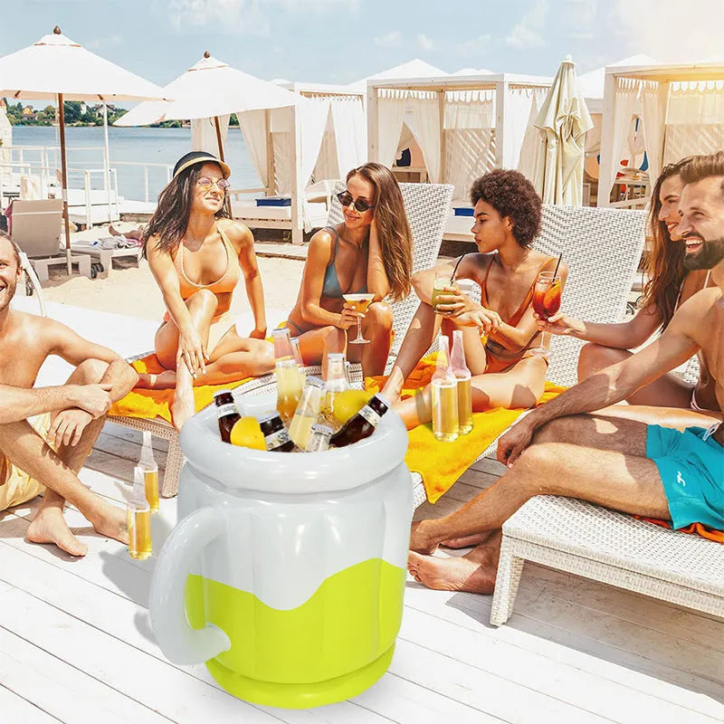Bright yellow inflatable PVC ice bucket for outdoor parties and camping.