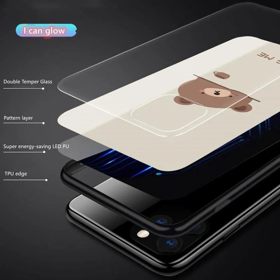 Tempered glass LED light phone case for Apple iPhone with cartoon bear design and notification glow