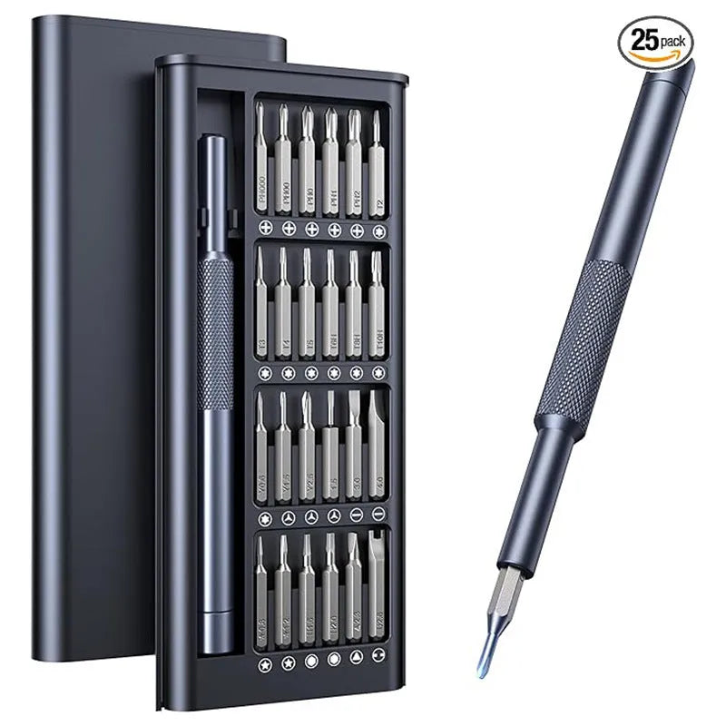 25-in-one precision screwdriver set with knurled handle and magnetic tip for household repairs.