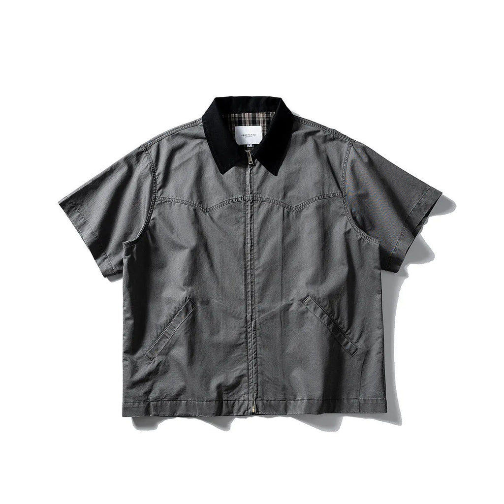 Khaki and grey cotton short sleeve overall shirt with loose fit cardigan styling for teenagers